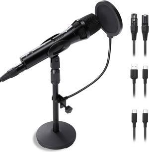 Dynamic Recording Microphone for Singing, Metal Studio Music Recording Microphone with Mic Gain, Desktop Stand, Pop Filter, Headphone Jack, for PC, Audio Interface, Mixer, for YouTube Video