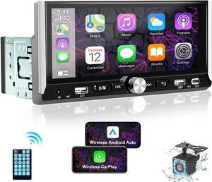 Wireless Single Din Car Stereo with  Carplay & Android Auto, 6.9 inch HD IPS Touchscreen Car Audio Receiver, Bluetooth 5.0, Mirror Link, Backup Camera, Mic, Type-C & USB Port, FM Radio