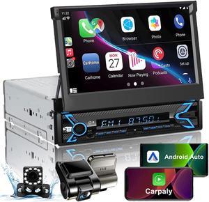 Single Din Car Stereo with Dash Cam & Backup Camera, 7INCH Flip Out Single Din Touchscreen Car Stereo with  Carplay & Android Auto, Car Audio Receivers Bluetooth Mirrorlink FM Car Radio