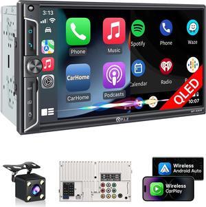 7" Wireless Double Din Car Stereo  Car Play Radio Carplay Android Auto QLED Touch Screen, Bluetooth 5.3 Audio Receivers, 1080P Backup Camera, 4.2 Channel Outputs 240W, 2 Subwoofer, FM/AM, SWC