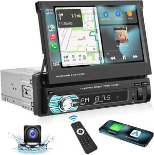 Single Din Carplay Car Stereo with Bluetooth AHD Backup Camera, 7 Inch flip Out Touch Screen Car Radio MP5 Player Support Android Auto, Mirror Link, USB, TF, FM Radio, Aux-in, SWC