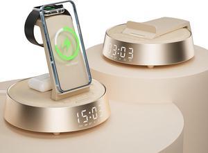 Alarm Clock with Wireless Charging Station, Clock for Bedroom with Dimmable Night Light Bluetooth Speaker, Wireless Charger Dock Station for iPhone 16 15 14 13 12 11 Pro Max,  Watch, AirPods Pro