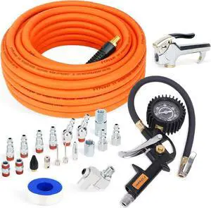 22 Pieces Air Compressor Accessories kit, 3/8 inch x 50 ft Hybrid Air Compressor Hose Kit, 1/4" NPT Quick Connect Air Fittings, Tire Inflator Gauge, Heavy Duty Blow Gun, Swivel Plugs
