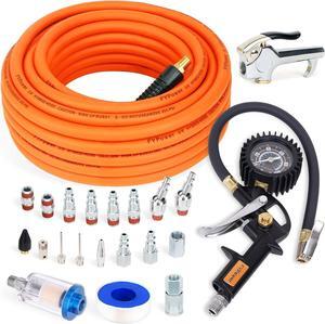 22 Pieces Air Compressor Accessories kit, 3/8 inch x 50 ft Hybrid Air Hose Kit, 1/4" NPT Quick Connect Air Fittings, Tire Inflator Gauge, Blow Gun, Air Filter, Swivel Plugs