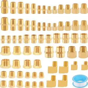 68PCS Brass Pipe Fittings Assortment Kit NPT Adapter,Hex Nipple,Reducer Bushing,Hex Coupling,90 Degree Barstock Street Elbow Fittings Kits
