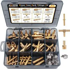 80pcs Brass Hose Barb Fittings Kit 1/8" 3/16" 1/4" 5/16" 3/8" 1/2" Barb to Male NPT Thread Air Hose Fitting, Barbed Splicer and Tee with Clamps