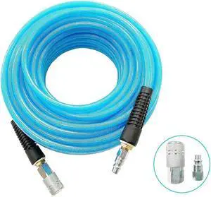 Polyurethane(PU) Reinforced 3/8ID x 100ft, Air Hose, Non-kinking with 3/8 Reassembled Industrial High Flow Quick Coupler and Plug, Bend Restrictor, Transparent Blue(100)