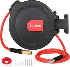 Air Compressor Hose Reel with Automatic Retractable Enclosed 3/8 Inch × 50 Feet Hybrid Pneumatic Hose, Fittings and Swivel Mount Bracket MAX. 300PSI