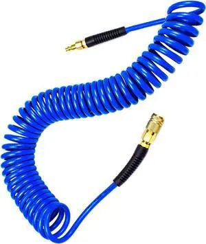 Polyurethane Recoil Air Hose 1/4" Inner Diameter by 25' Long with Bend Restrictor, 1/4" Industrial Quick Coupler and Plug, Blue. 5pcs Packed