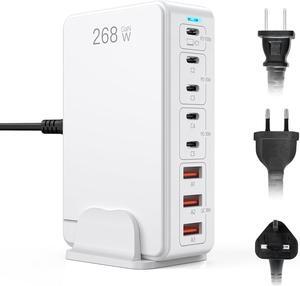 268W USB C Travel-Friendly Charger, 8-Port Desktop GaN III Charger, Multi Port Fast Charging Station, PD100W Laptop Charger, Compatible with MacBookPro  XPS  Surface iPad iPhone Galaxy Android