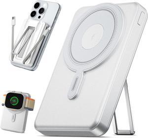Magsafe Battery Pack 10000mAh, Magnetic Wireless Portable Charger for  Watch, 5 in 1 Fast Charging Power Bank with Stand and Cables for iPhone 15 Pro Max/14/13/12 mini/AirPods(White)