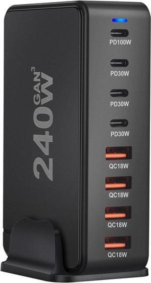 High power Charging block, 240W super fast charging station with 4 Type-C ports and 4 USB-A ports, 100W Charging ports for laptop/tablets. Desk Cable Organizers.