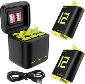 3-Pack Battery Charger Kit for GoPro Hero 12 Hero 11 Hero 10 Hero 9 Black, Triple Charge Case w Type-C Charging Cord Fully Compatible with Original Go Pro 12 11 10 9 Camera Accessories
