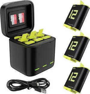 Battery Charger for Hero 12 Hero 11 Hero 10 Hero 9, TELESIN 3-Pack Batteries + Triple USB Charge Case with SD Card Slot Fully Compatible with Original 12 11 10 9 Black Camera Accessories