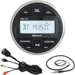 PRV-175 Gauge Style Marine Boat Cycle Digital Media Bluetooth Receiver Bundle Combo with Enrock USB 3.5MM AUX to RCA Interface Mount Cable + Enrock 22" Wired Radio Antenna
