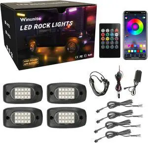 Winunite 4 Pods RGB Rock Lights 12V, Waterproof Music Mode APP/Remote Control Multicolor Underglow Light Kit Wheel Well Lights for Off Road Trucks SUV ATV UTV Trailer Boats