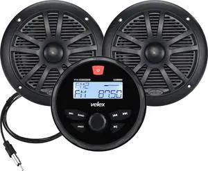 Marine Stereo Speaker Package Bluetooth, MP3 USB AM FM Marine Stereo - 2 x 6.5 Inch Black Speakers, Antenna