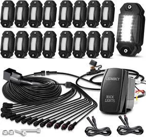 R2 Pure White Rock Lights Kit with Rocker Switch Wire Harness 16PCS Rock Lights White for Offroad Trucks ATV UTV SUV Underglow Light Trail Rig Light Under Body High Power Waterproof