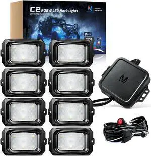 MICTUNING C2 Curved RGBW LED Rock Lights - 8 Pods Underglow Multicolor Neon Light with Wiring Switch Kit, Bluetooth Controller with APP Control
