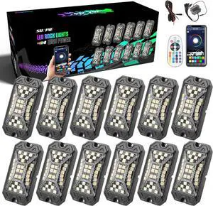 12 Pods Full Angle RGBW Rock Lights High Power Aluminium Metal Underglow Lights Wheel Well Lights with Phone App Voice Mode Music Mode for Off Road Truck SUV ATV UTV Boats