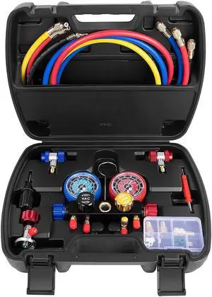 Version 4 Way A/C Manifold Gauge Set Fits R134A R410A R404A R22 Refrigerants with 5FT Hose, 3 Acme Tank Adapters, Adjustable Couplers and Can Tap