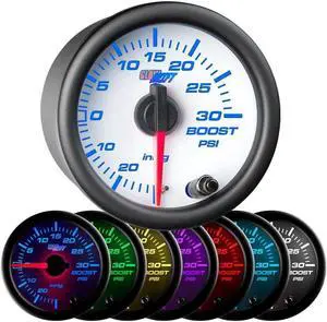 White 7 Color 30 PSI Turbo Boost/Vacuum Gauge Kit - includes Mechanical Hose & T-Fitting - White Dial - Clear Lens - for Car & Truck - 2-1/16" 52mm