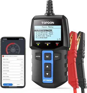 2 in 1 Car Battery Tester, TOPDON BT100W 12V Bluetooth Battery Tester Automotive Supported Battery Library, 100-2000 CCA Alternator Tester Digital Battery Load Tester Charging Cranking System Tester