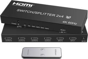 4K@60Hz HDMI Switch Splitter 2 in 4 Out with Remote, avedio Links 2x4 HDMI Splitter Switcher 4K with SPDIF & 3.5mm Audio,Support 4K,3D,1080p,HDCP2.2,HDR 10 for PS5/4,Xbox,Fire Stick,etc