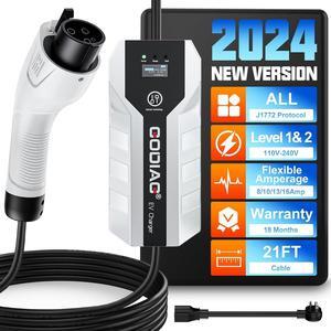 Portable EV Charger Level 1+2, 8/10/13/16 Amp Adjustable Electric Car Charger, 110V-240V 3.5KW 20 ft Plug-in Hybrid EV Charger