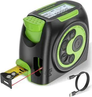 2-in-1 Laser Tape Measure, 197Ft Rechargeable Laser Measurement Tool & 16Ft. Measure Tape with Backlit LCD & Movable Hook -Pythagorean, Area, Volume, M/in/Ft Unit Switch Digital Distance Meter