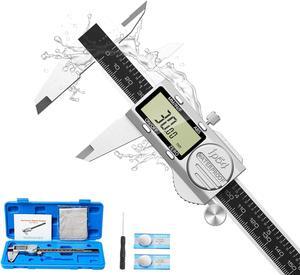 Digital Caliper with Absolute Value Function 0-12" Inch/MM/Fraction Conversion, Stainless Steel Electronic Diameter Measuring Tool with Large LCD Screen, IP54 Waterproof Protection, Auto-Off