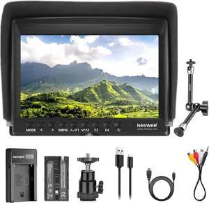 F100 7 Inch Camera Field Monitor Video Assist Slim IPS 1280x800 HDMI Input 1080p with 2600mAh Li-ion Battery/USB Charger, Magic Arm for DSLR Cameras, Stabilizer, Film Video Making Rig