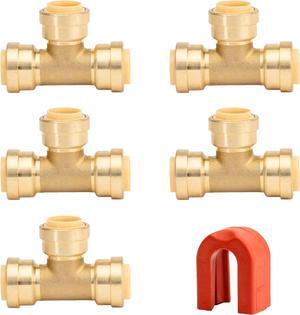 1/2 inch Push On Tee Connector | Patented Design for Superior Sealing | Push to Connect Brass Plumbing Pipe Fitting | for Copper, PEX and CPVC | 5-Pack Tees