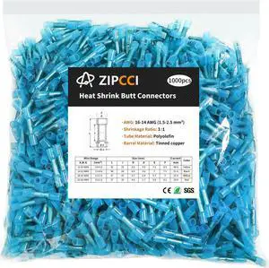 1000Pcs 16-14 AWG Blue Heat Shrink Butt Connectors, Marine Grade Insulated Splice Electrical Connectors, Waterproof Wire Connectors Terminals for Marine Crimp, Boat, Cable, Automotive