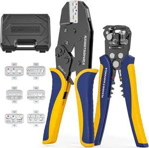 6 in 1 Crimping Tool Kit and Wire Stripper, Ratcheting Wire Crimper with 6 PCS Interchangeable Dies for Heat Shrink,Non-Insulated,Ferrule,Open Barrel,Insulated Connectors, men tool gifts