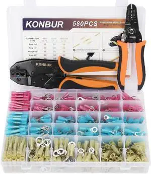 580Pcs Heat Shrink Wire Connectors -Insulated Electrical Terminals Kit- Waterproof Marine Automotive Crimp Connector Assortment- Butt Connector Ring Fork- with a Crimper and a Stripper Tools
