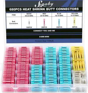 680PCS Heat Shrink Butt Connectors, Sopoby Marine Grade Electrical Wire Connectors Kit, Tinned Red Copper Insulated Waterproof Crimp Terminals Butt Splice for Cable,Boat,Wiring