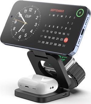 Fast Wireless Charger Magnetic Foldable 3 in 1 Charging Station for iPhone 16/15/14/13/12/Pro/Plus/Pro Max 5W Portable Charger for  Watch10/9/8/7/6/5/4/3/SE for Airpods3/2/Pro-Black