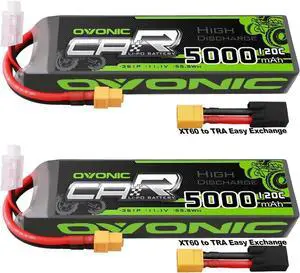 3S LiPo Battery 11.1V 5000mAh 120C with XT60 and TRA Plug Perfect Match RC Car RC Truck Airplane Helicopter Boat Car Racing RC Hobby [6.18''D x 1.81'' W x 1.03'' H](2 Packs in 1 Package)