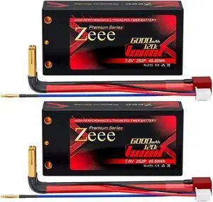 Premium Series 2S Shorty Lipo Battery 6000mAh 7.6V 120C Hard Case with 4mm Bullet to Deans Connector High Voltage Battery for RC 1/10 Scale Vehicles Car Trucks Boats RC Models (2 Pack)