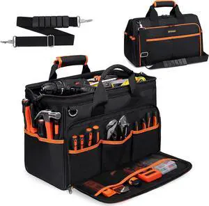 Heavy Duty Tool Bag 17.3-Inch, 26-Pocket Large Tool Bags for Men Women with Wide Mouth & Adjustable Shoulder Strap, Foldable Tool Bag Organizer for HVAC Craftsman Contractor Electricians Mechanics