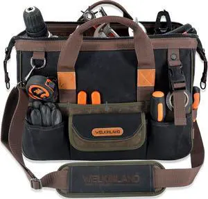 32-Pockets Waxed Canvas tool bag, Heavy-Duty Electrician tool bag, HVAC tool bag, Tool bag organizer, 16" Tools bag carrier, Tool bags for electricians, Tool bags for men