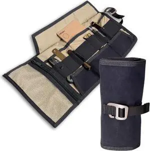 Electronic Organizer | EDC Roll-Up Tool Bag for Pen Lovers & Tech | Multi-Pocket with Elastic Loops for Pens, Cables, External Hard Drives | Stylish Waxed Canvas & Durable Aluminum Hooks
