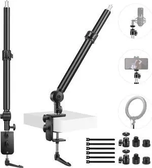 Camera Desk Mount Stand 225° Tilt & 360° Swivel 17.7"-24.8" Tabletop Desktop Light Stand Adjustable Table Top Stand C Clamp Ball Head Screw for Ring Light DSLR Phone Overhead Photography 2 Pack