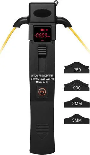 A-35 Fiber Optic identifier 3 in 1 Built in 10KM Visual Fault Locator and LED Light 800-1700nm SM/MM with 2 mm 3 mm 900 nm & 250 nm Adapters Fiber Optic Cable identifier Detector