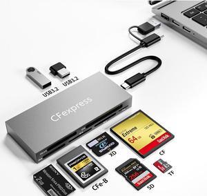 8 in 1 CFexpress Type B Card Reader with 2 USB3.2 (Gen 2) 10Gbps, USB-C&USB-A 2-in-1 Type B CF Express Card Reader Hub for CFexpress Type B/SD/TF/CF/XD/MS/USB,Multi Reader Read 8 ports Simultaneously