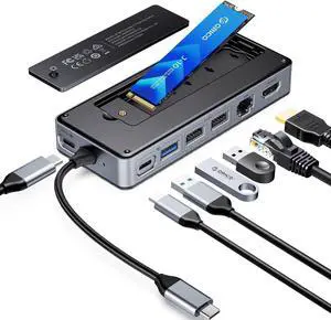 USB-C Hub with M.2 SSD Enclosure, 8-in-1 USB C Docking Station Fits M.2 NVMe/SATA SSD, 10Gbps, 4K@60Hz HDMI, 100W PD, Ethernet - OM28PR