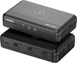 8K HDMI Splitter 1x2 - HDMI Splitter 1 in 2 Out, 8K@60Hz, 4K@240Hz(DSC), HDCP 2.3, 48Gbps, EDID, Auto Downscaling, Duplicate/Mirror Screens, Compatible with Dual Monitors, TV, PS5, Amplifier