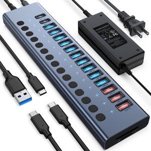 17-Port 90W USB 3.0 Hub (10 USB 3.0 Ports+3 QC24W Fast Charging Ports+2 USB-C 3.0 Ports+SD/TF Card Reader), Individual On/Off Switches, 12V/7.5A Power Adapter for Laptop, PC