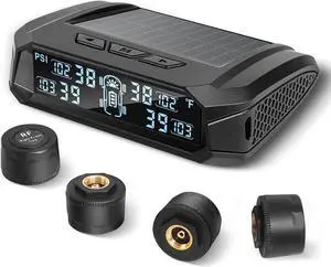RV tire Pressure Monitoring System, Wireless TPMS Tire Pressure Monitor System with Solar Charger, RV TPMS with 4 tire Pressure Sensors & 6 Alarm Modes(0-87 PSI)
